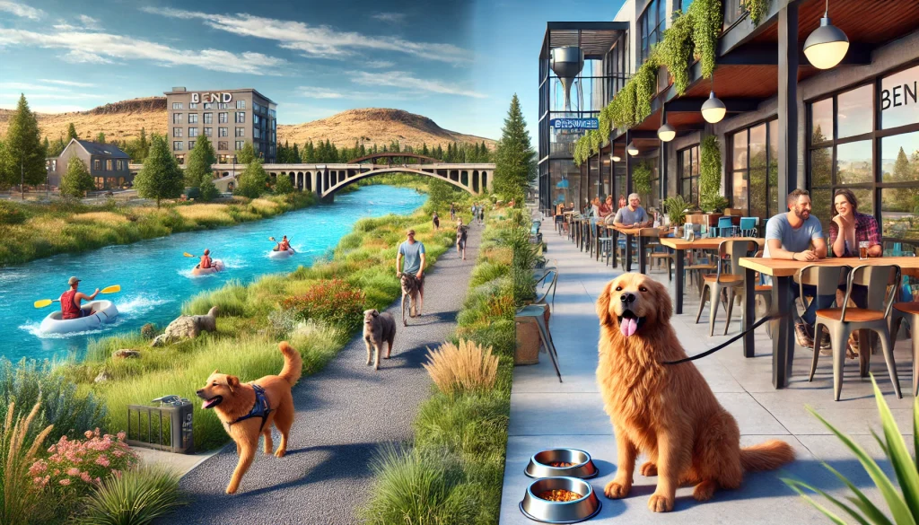 Dog enjoying outdoor activities in Bend, Oregon, on a scenic trail near Deschutes River, with a dog-friendly cafe offering treats in the background.