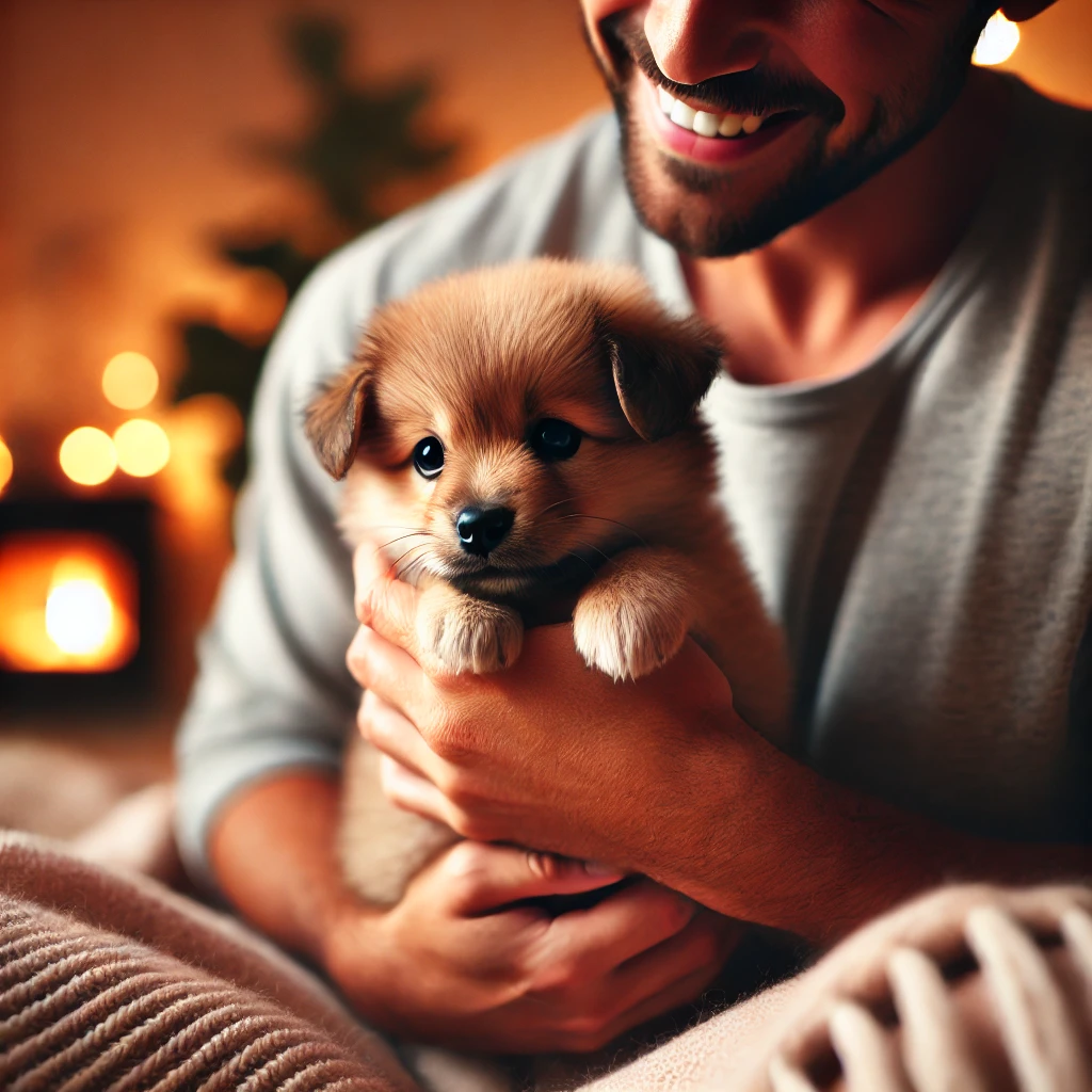 Close-up view of a person cuddling a small, happy puppy, showcasing a warm and loving connection.
