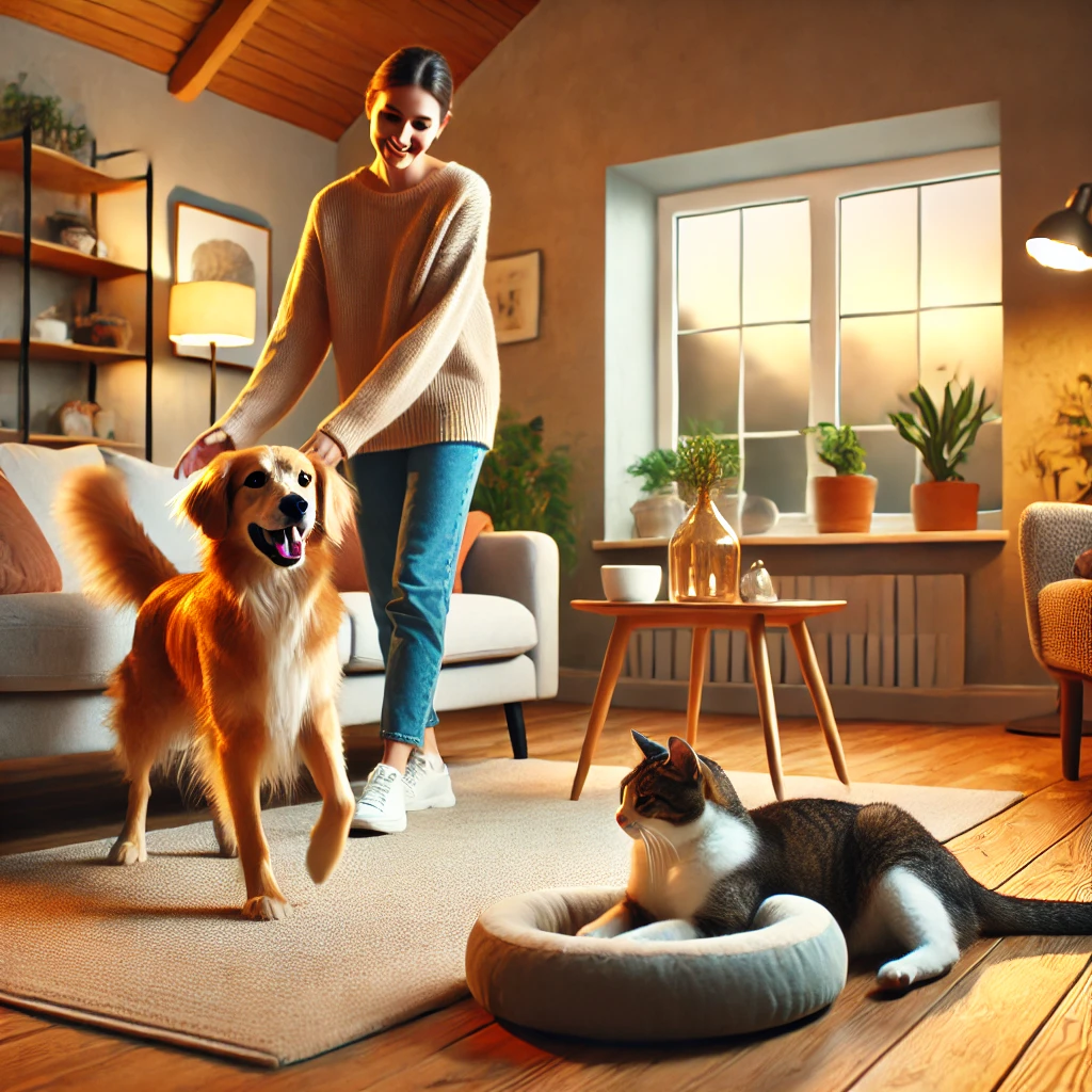 A cozy living room with a pet owner interacting with their dog and cat. The dog is wagging its tail happily while the cat is kneading on a soft couch. The room features warm lighting and comfortable furniture, creating a sense of harmony and connection between the owner and pets.