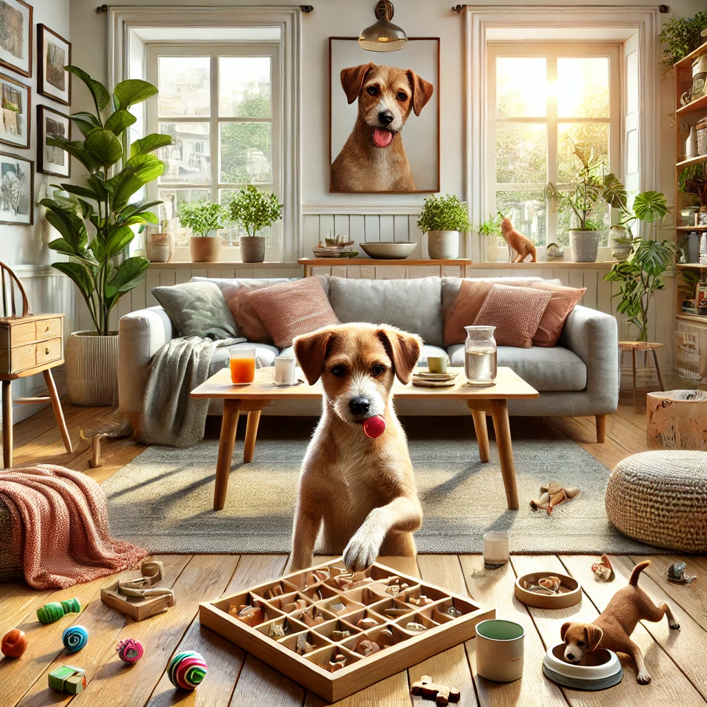 cozy living room with a playful and happy dog playing with toys, cuddling on a couch, and enjoying a puzzle game, warm and inviting atmosphere with houseplants and comfortable furniture