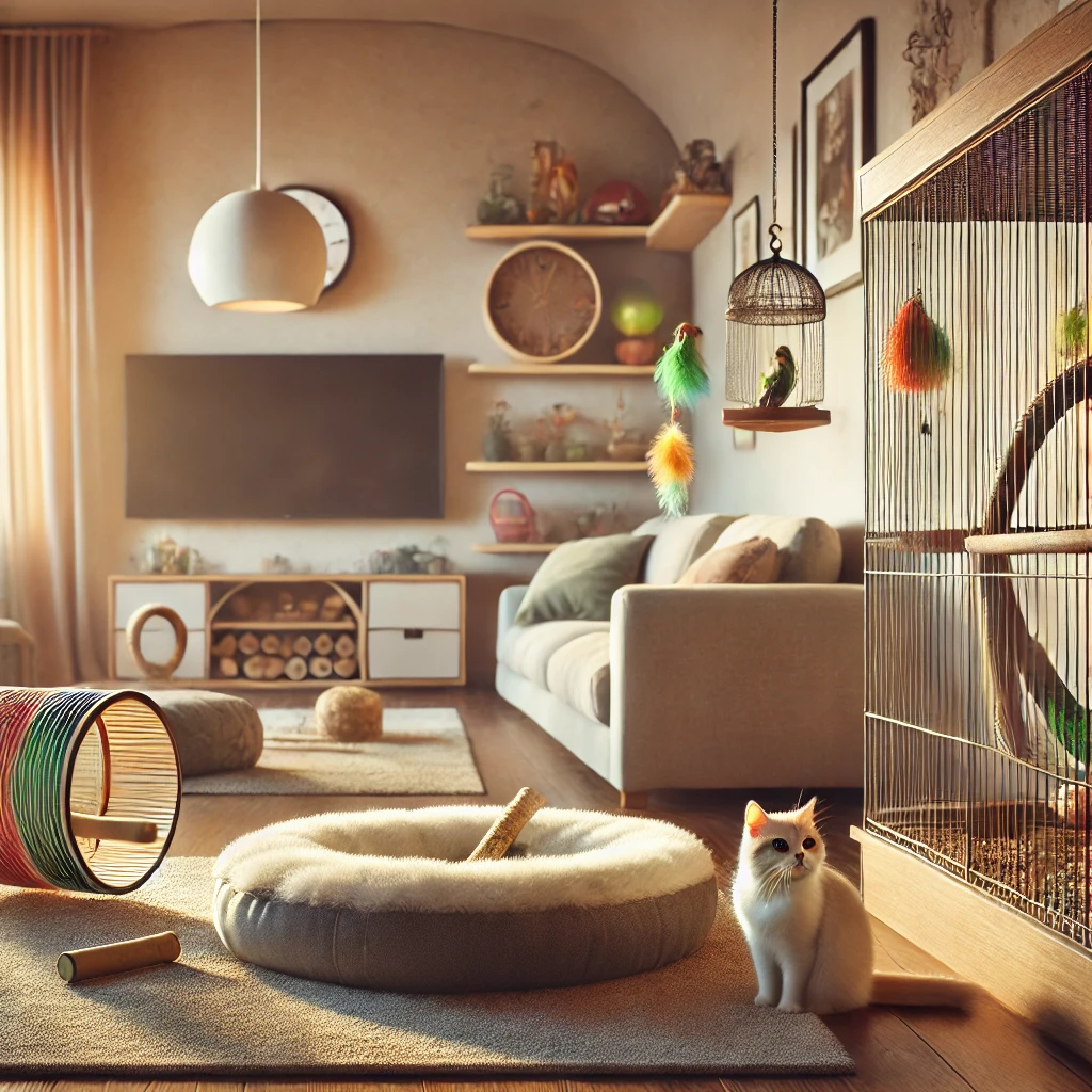 A cozy living room designed for pets, featuring a comfortable dog bed with a chew toy, a cat perch with a feather toy, a birdcage with colorful toys, and a hamster tunnel and wheel in the corner. The room has soft lighting and a TV playing in the background, creating a warm and inviting atmosphere.