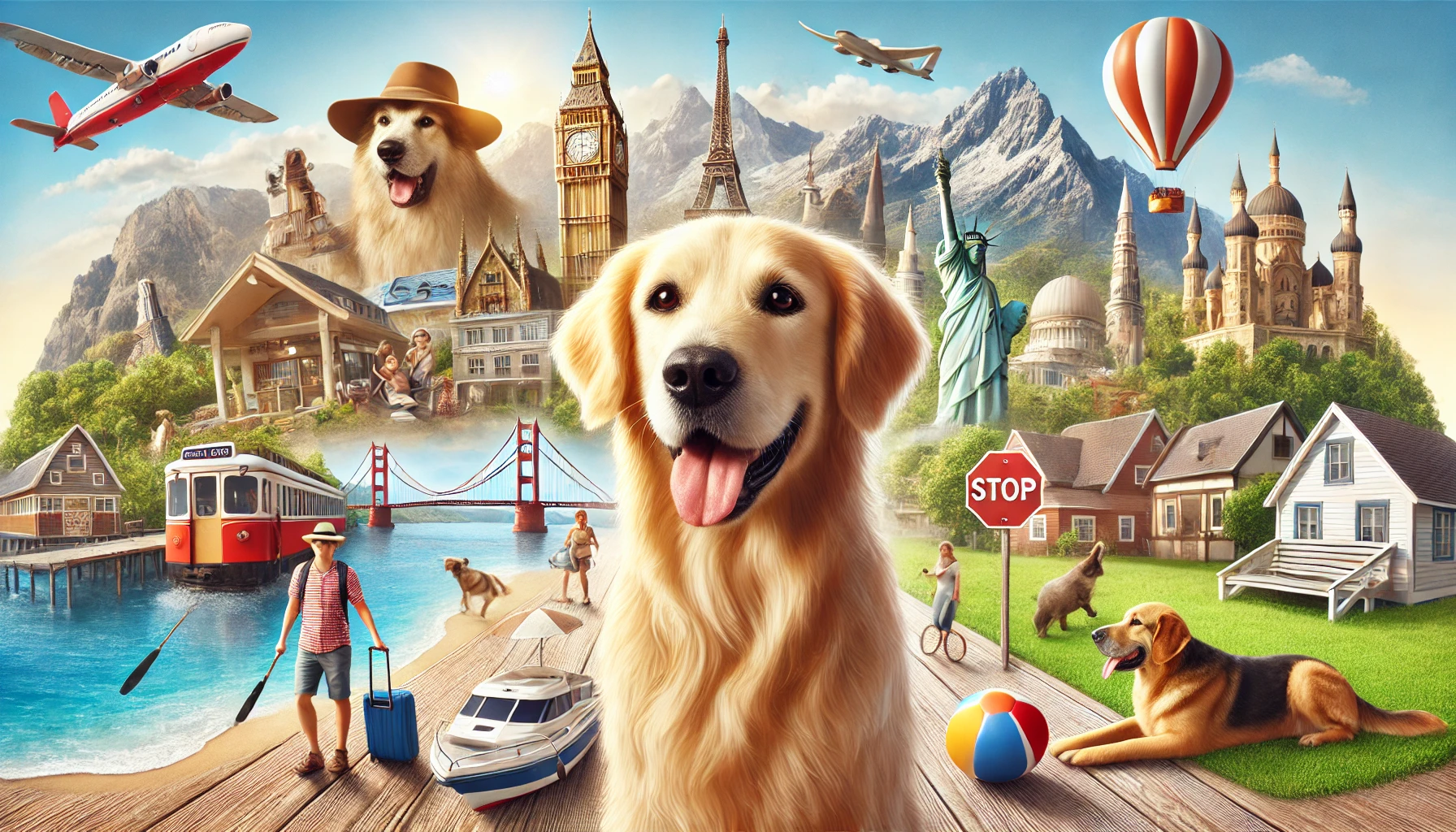 Cheerful Golden Retriever enjoying a dog-friendly vacation at beach, mountains, and park, playing fetch and hiking, representing various travel experiences and scenic landscapes.