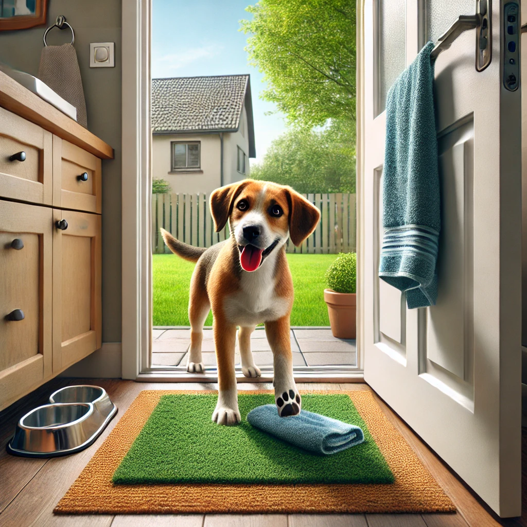 Dog standing by a door with a mat and towel, ready for paw cleaning after outdoor play, emphasizing hygiene and exercise for maintaining a fresh home environment.