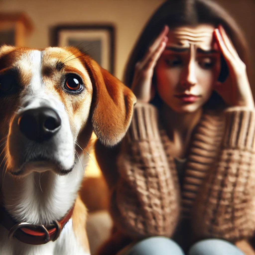 Friendly dog sniffing stressed person indoors, highlighting bond and sensitivity to human emotions