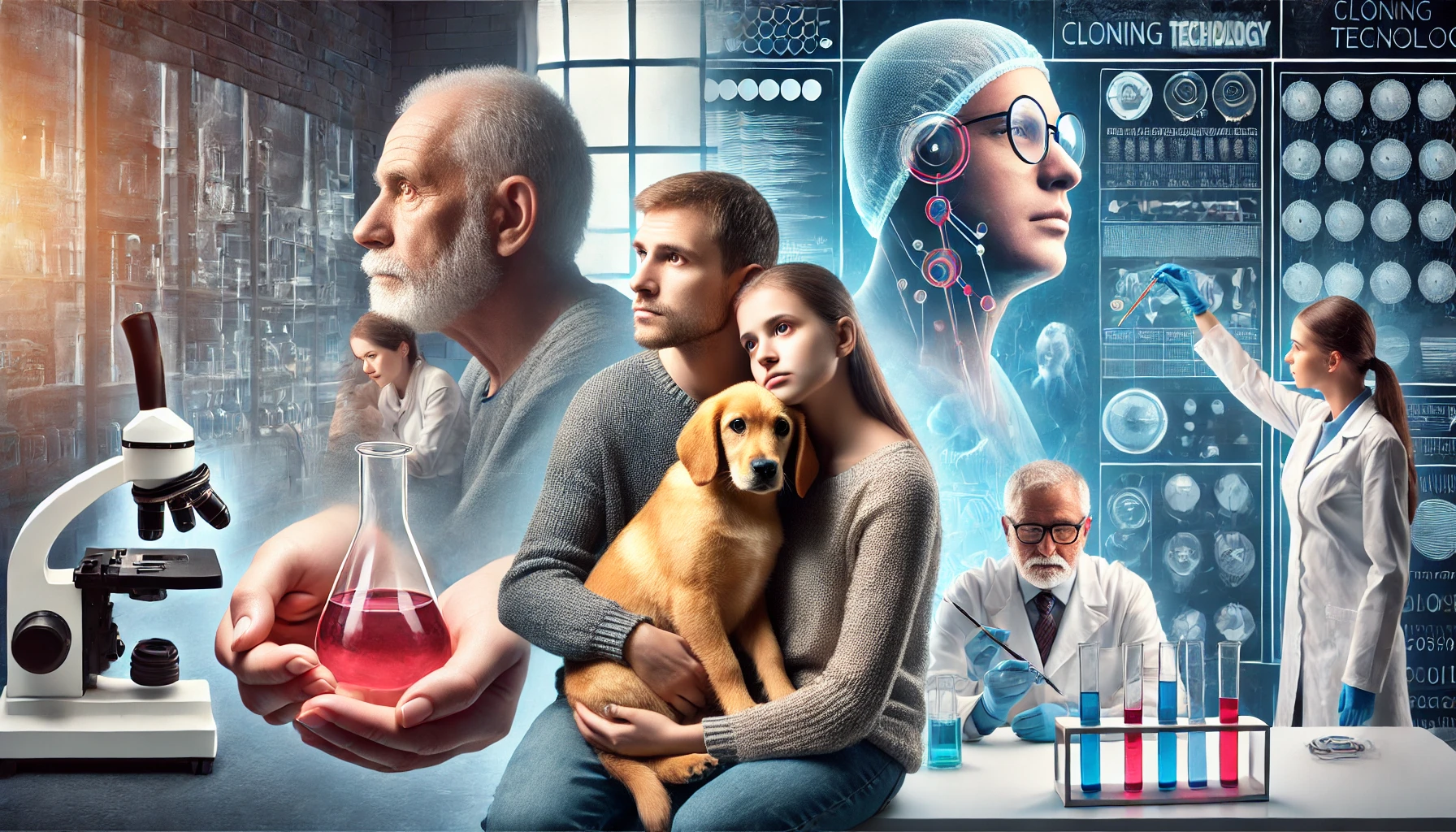 Ethical dilemma of cloning a beloved dog: family contemplating while scientists work in a high-tech laboratory, highlighting emotional conflict and technological contrast.