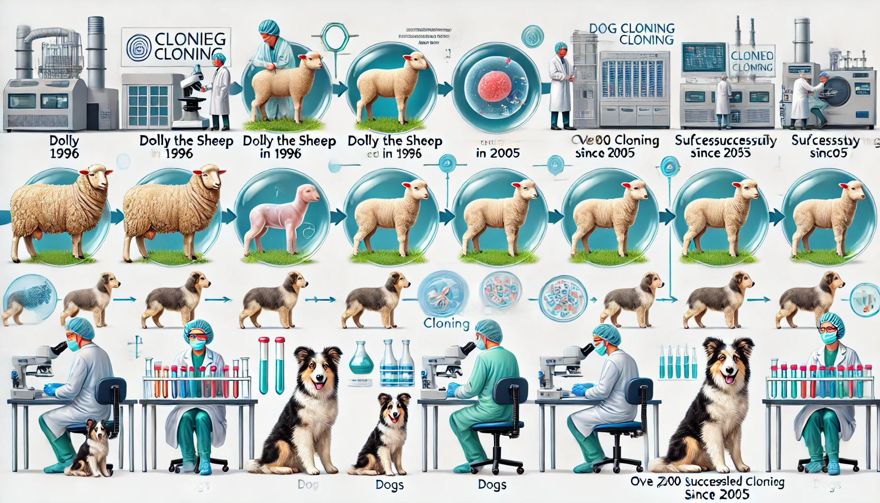 Timeline of cloning technology evolution from Dolly the sheep in 1996 to modern dog cloning advancements, showcasing significant milestones and scientific progress.