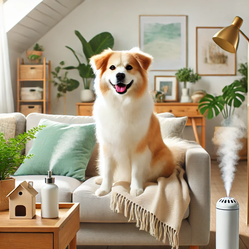 A bright, clean living room with a happy dog on a sofa, featuring houseplants, an air purifier, and a cozy atmosphere, ideal for a pet-friendly and odor-free home.