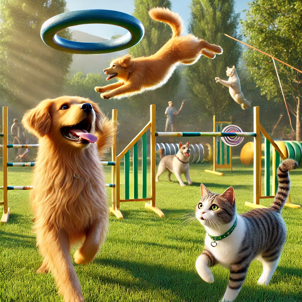 Realistic outdoor scene in a sunny park with a dog catching a frisbee, another dog navigating an agility course, and a cat chasing a feather wand.