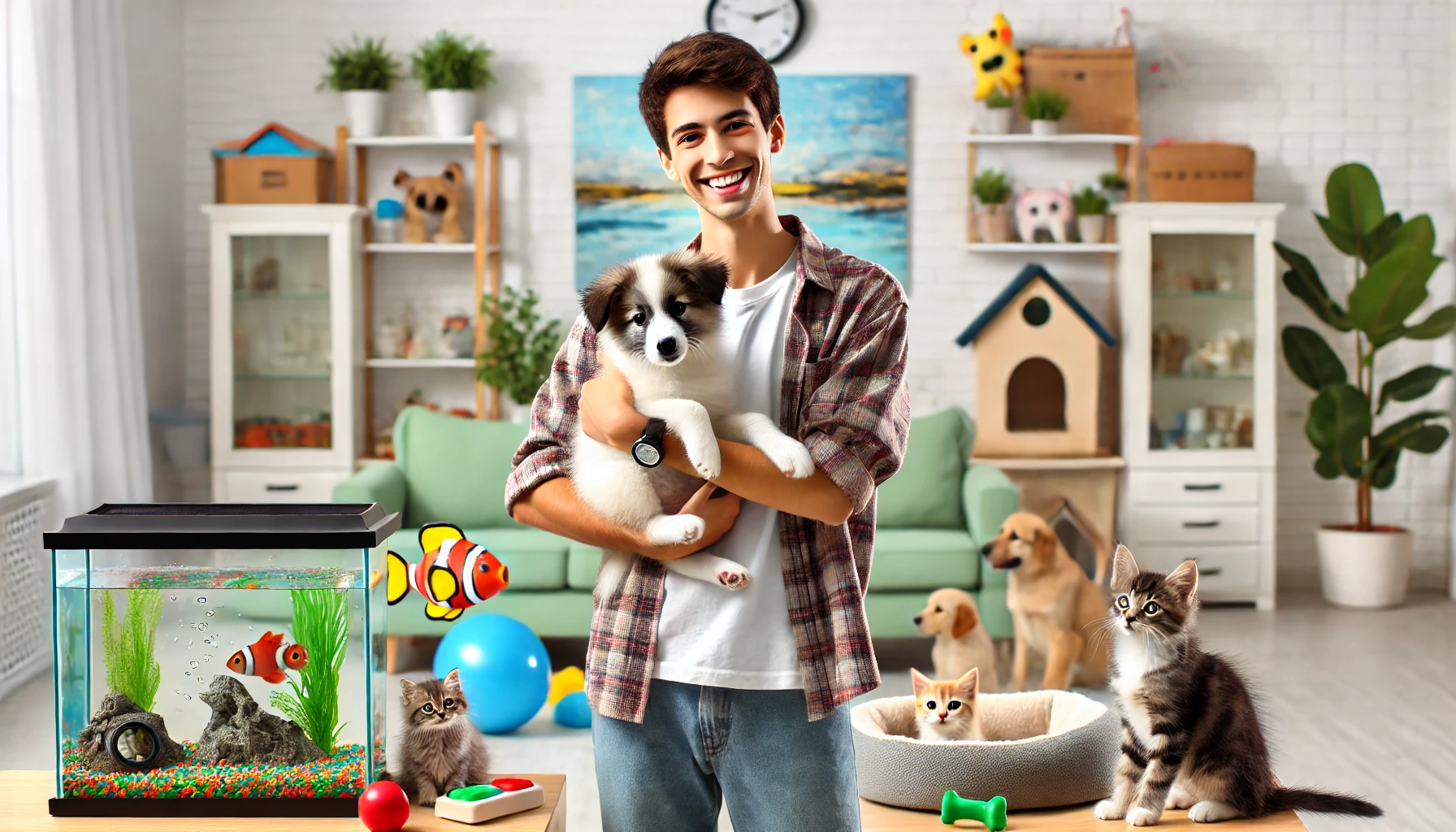 Happy new pet owner in a cozy home holding a playful puppy, surrounded by a curious kitten and a fish tank, depicting a pet-friendly environment with toys, pet bed, and safety features.