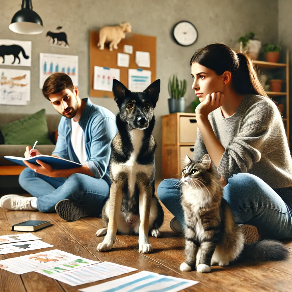 A pet owner observing their dog and cat in a home setting, taking notes. The dog has a relaxed posture while the cat is meowing. Books and charts about pet behavior are around, creating an atmosphere of learning and understanding.