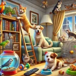 Pets in a cozy home setting with a cat climbing a bookshelf, dog lounging with a remote, parrot on a toy phone, and other animals.