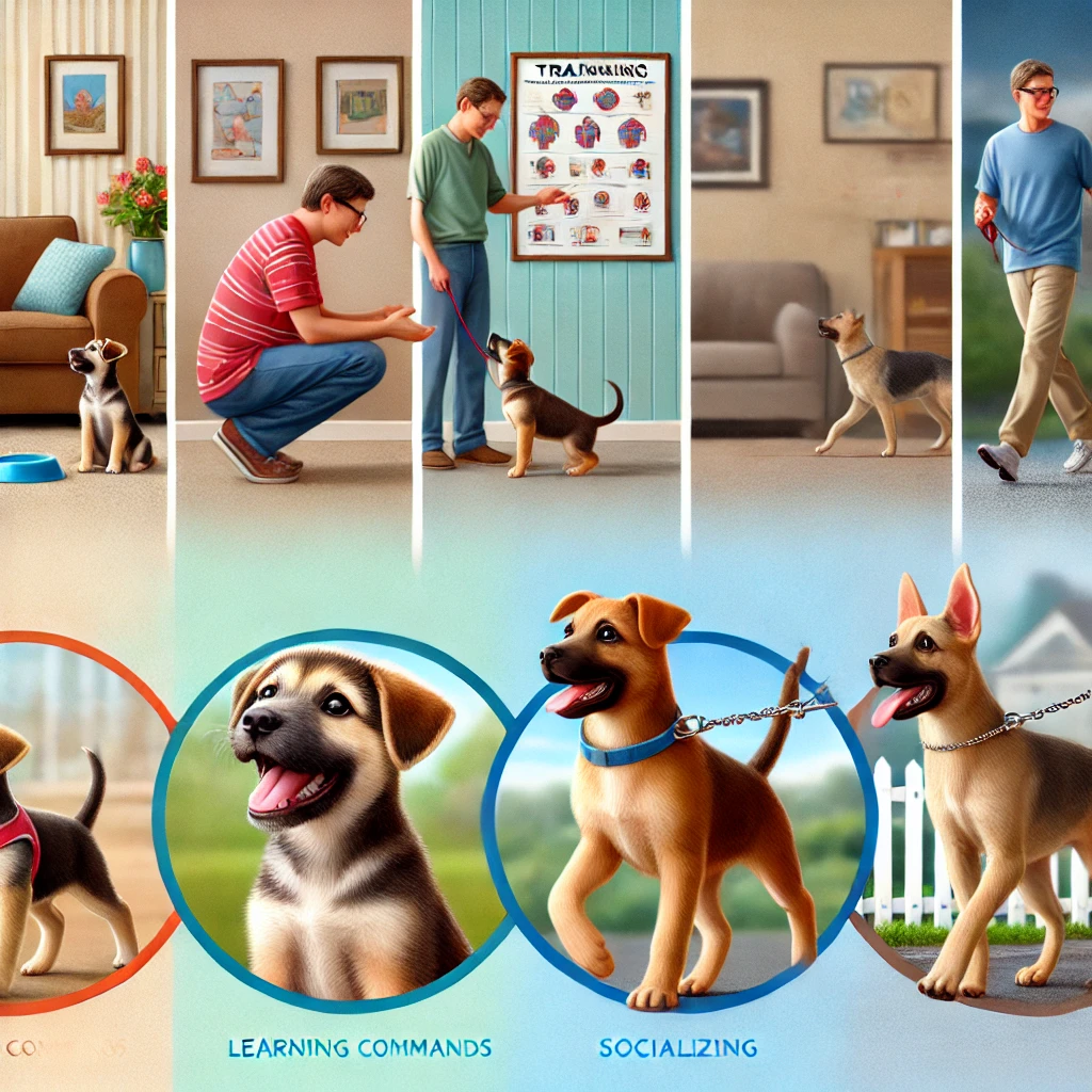 Image of a playful puppy learning commands, socializing with other dogs, and walking on a leash, transitioning from a cozy home to a park setting, reflecting the stages of training. The puppy appears progressively more well-behaved and mature, with a bright and cheerful color palette to highlight the fun and positive training process.