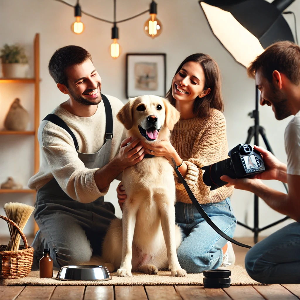 Professional pet photography session capturing special moments between pets and their owners in a bright studio, showcasing the joy and creativity of pet photography.