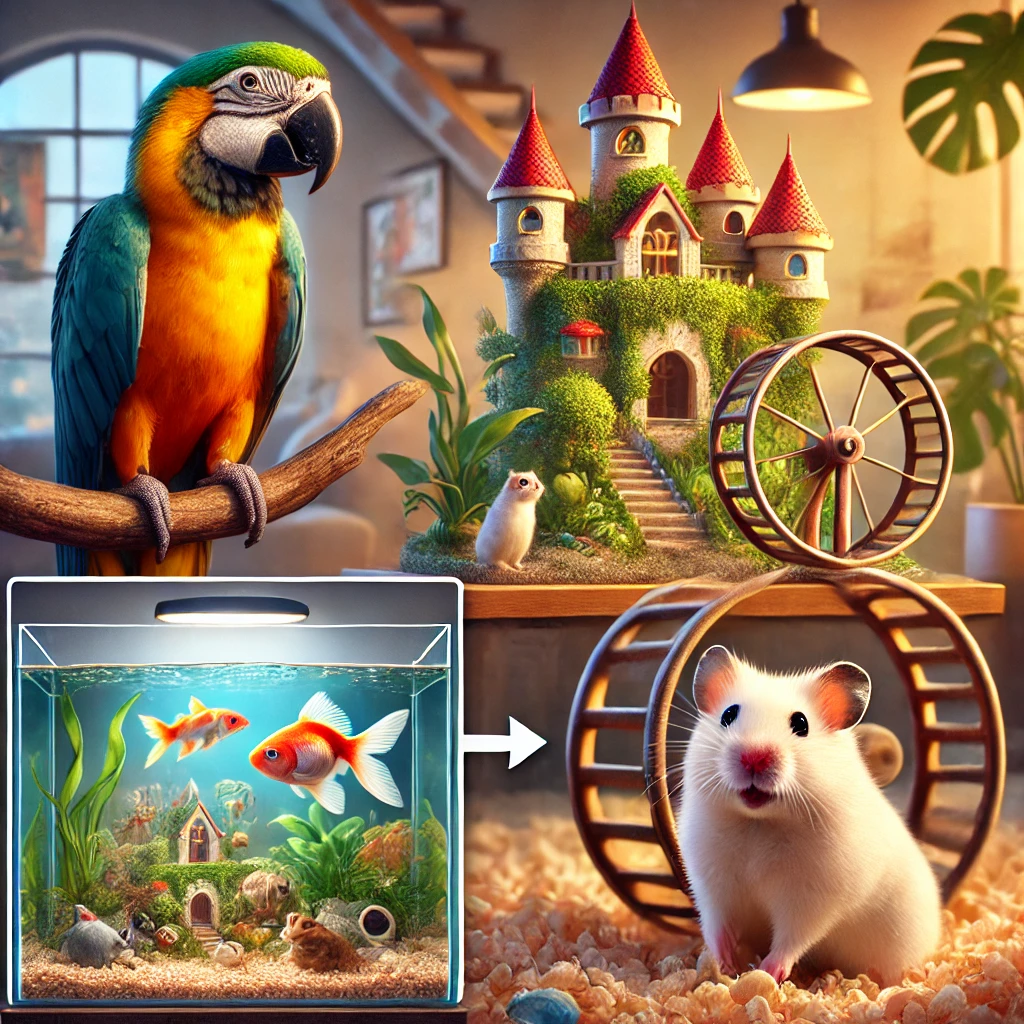  small pets in a cozy home environment, including a parrot mimicking speech, colorful fish in a tank with decorations, and hamsters running on a wheel and burrowing