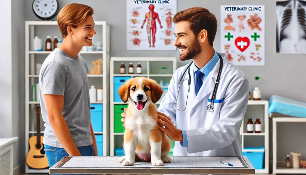 Veterinarian examining a healthy puppy on an examination table with the pet owner listening attentively, highlighting the importance of regular vet visits for pet health.