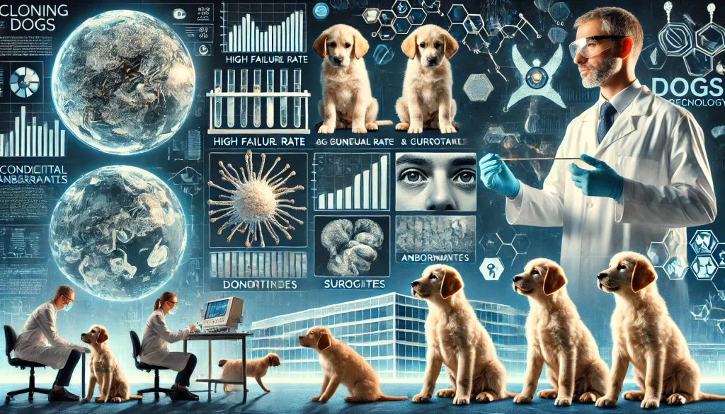 Image depicting the technical and ethical challenges of dog cloning, highlighting high failure rates, congenital abnormalities, and the complexities involving donor and surrogate dogs in a laboratory setting.