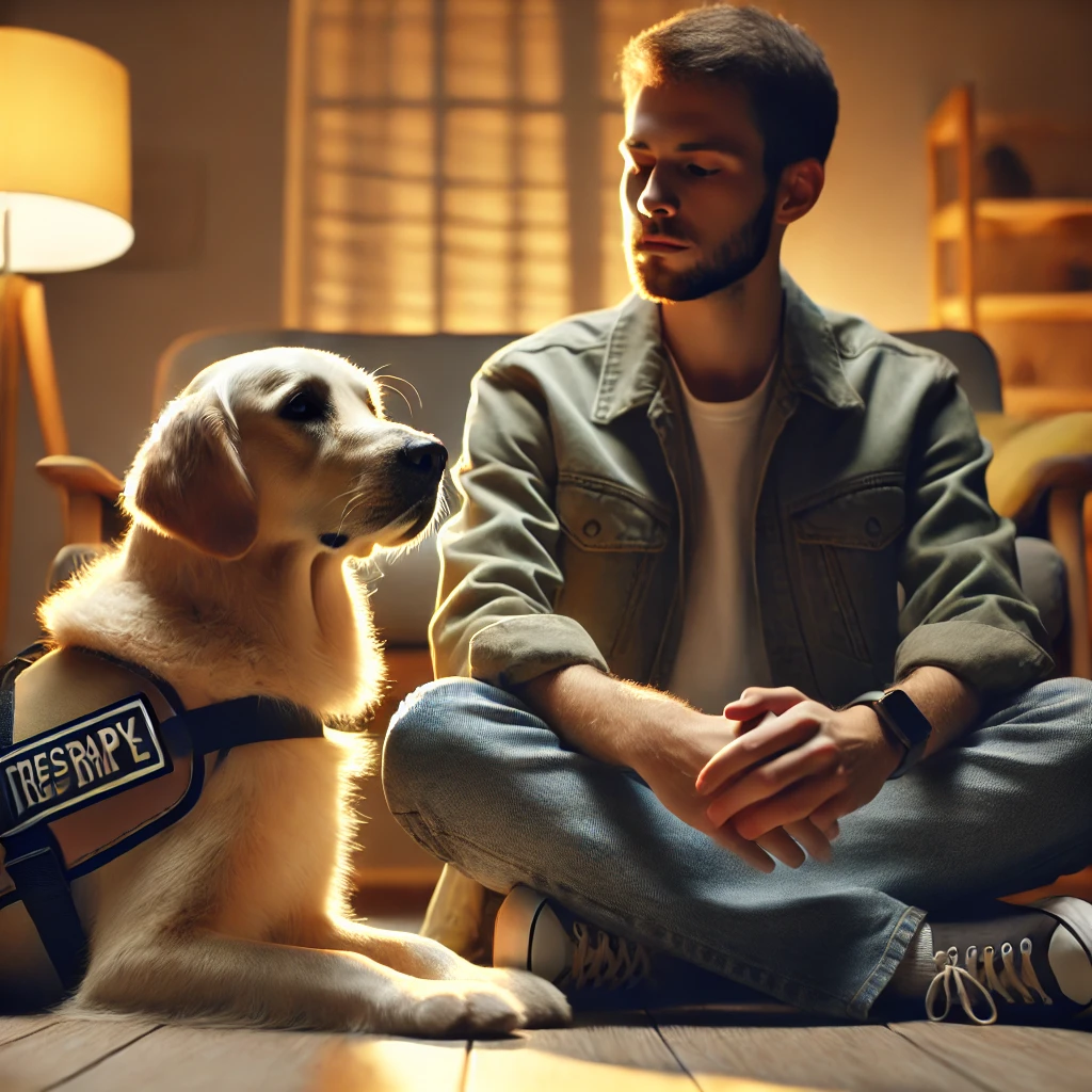 Therapy dog providing emotional support to a person with anxiety in a cozy indoor environment, highlighting the therapeutic bond and comfort.