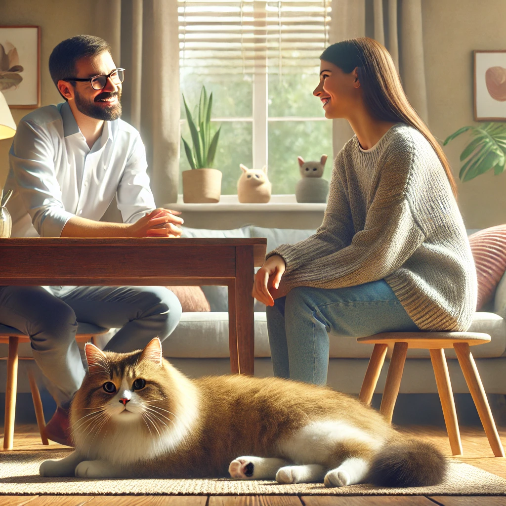 Therapy session with a therapist, patient, and a therapy cat in a cozy room, highlighting a relaxed and light-hearted atmosphere.