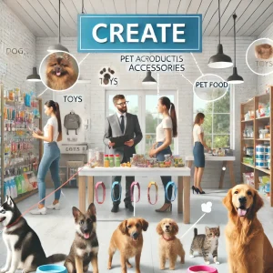 Modern pet store interior with a variety of pet products, accessories, and pets including dogs, cats, and small animals, highlighting a thriving pet business and a positive shopping experience.