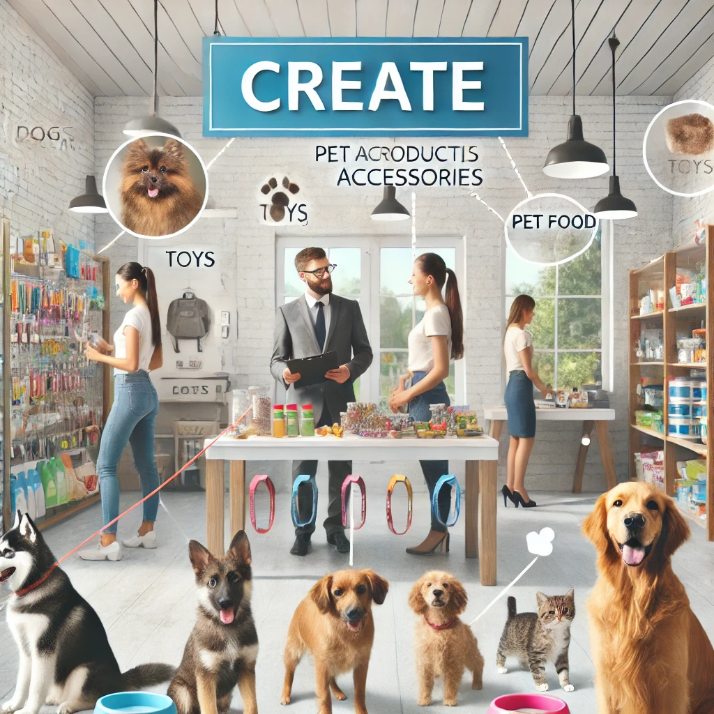 Modern pet store interior with a variety of pet products, accessories, and pets including dogs, cats, and small animals, highlighting a thriving pet business and a positive shopping experience.