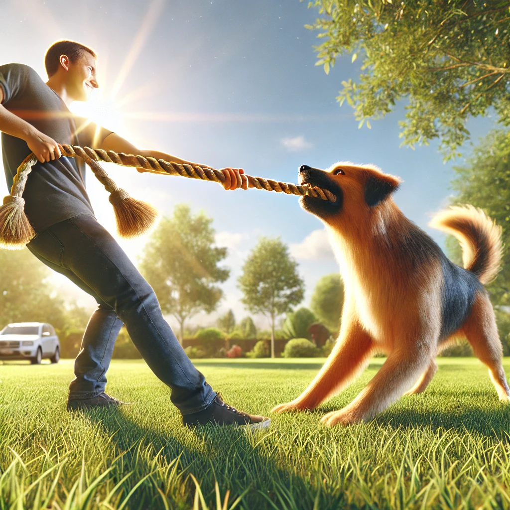 Realistic scene of a person and a dog playing tug-of-war with a rope toy in a sunny park, showcasing the dog's strength and playful interaction.