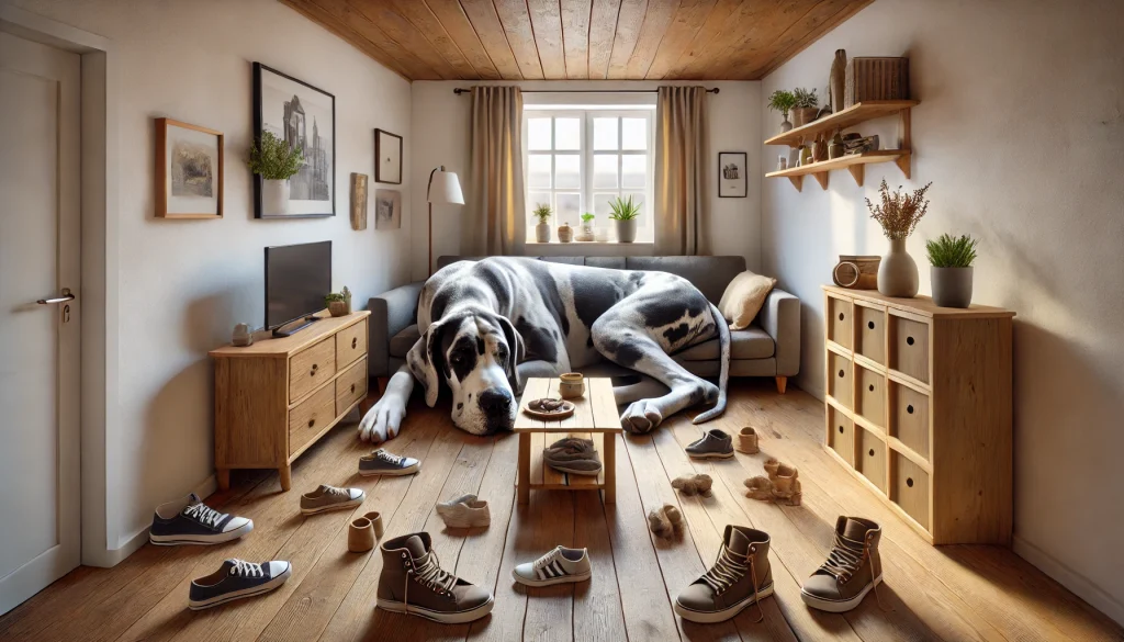 Great Dane in a small apartment highlighting space and dog-proofing needs