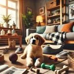 Playful puppy in a cozy living room surrounded by dog items