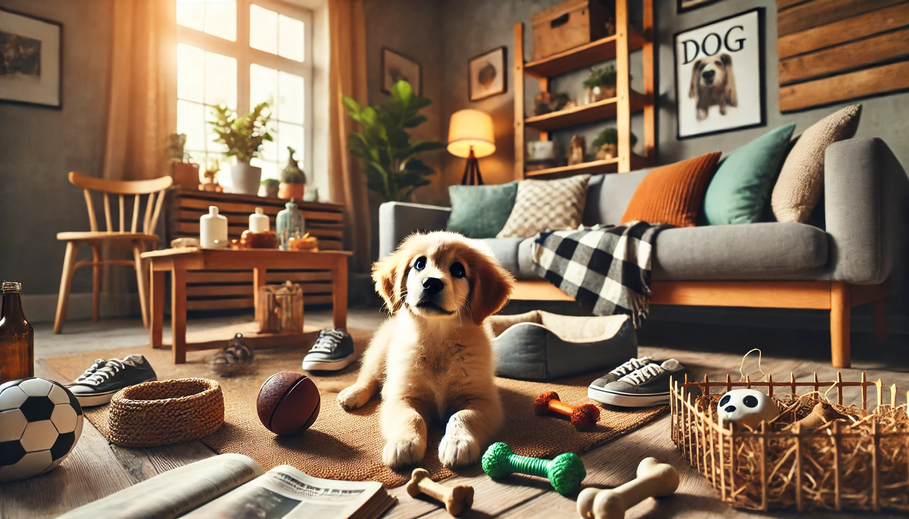 Playful puppy in a cozy living room surrounded by dog items