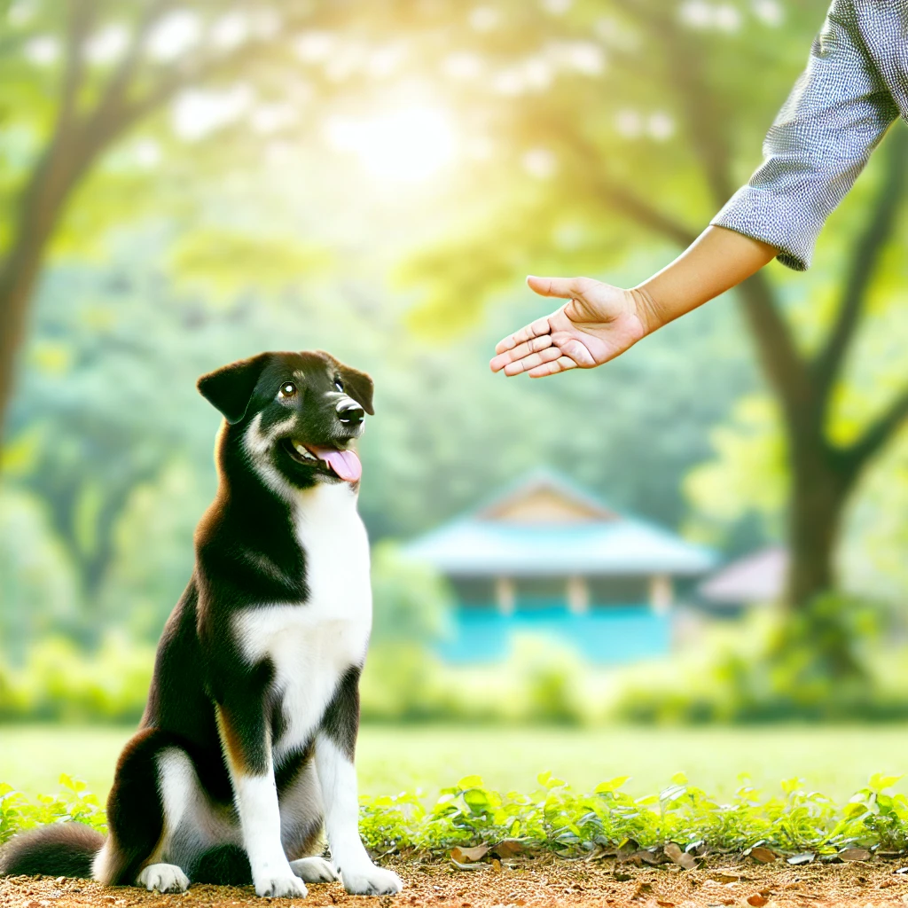 Dog sitting attentively next to owner in a peaceful park during cooperative training session