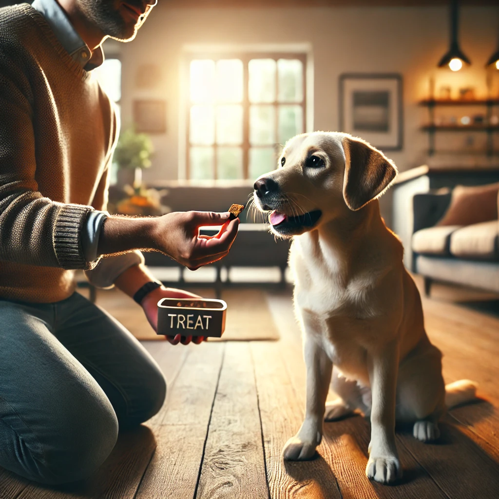 Dog receiving a treat from owner in a cozy indoor setting as a reward for good behavior