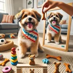 Happy fluffy dog in colorful bandana engaging in fun challenges with owner in a cheerful living room