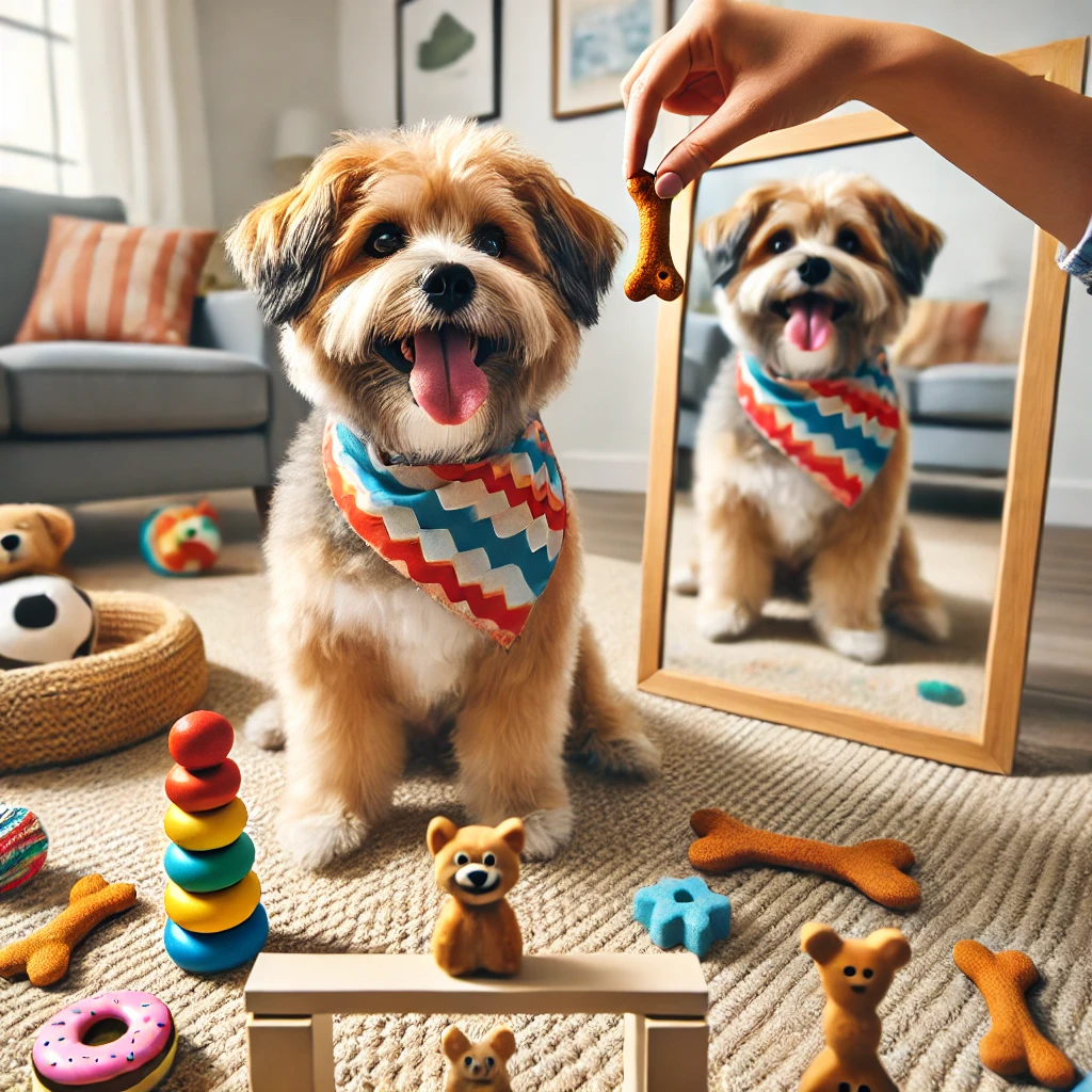 Happy fluffy dog in colorful bandana engaging in fun challenges with owner in a cheerful living room