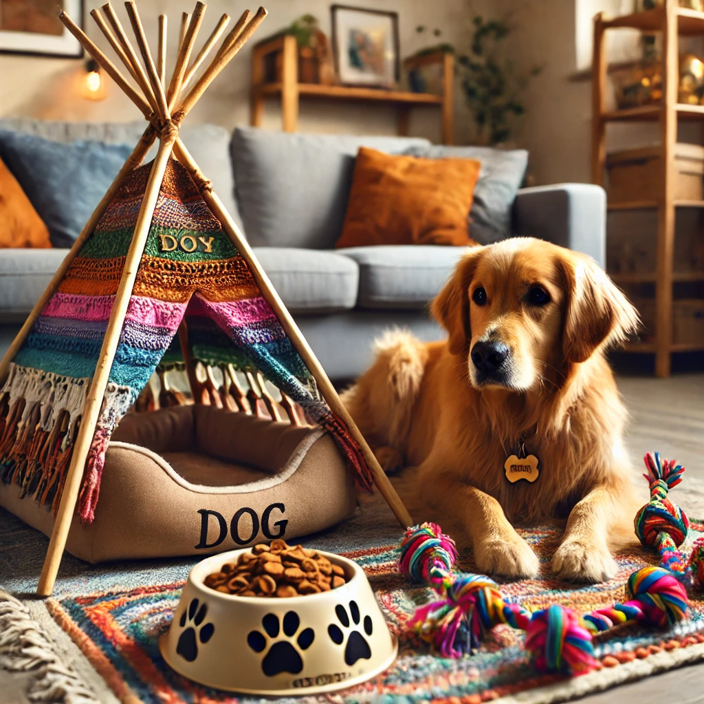 Golden Retriever enjoying DIY dog crafts in a cozy living room.