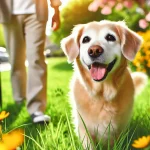 Happy senior dog walking in a park with its owner