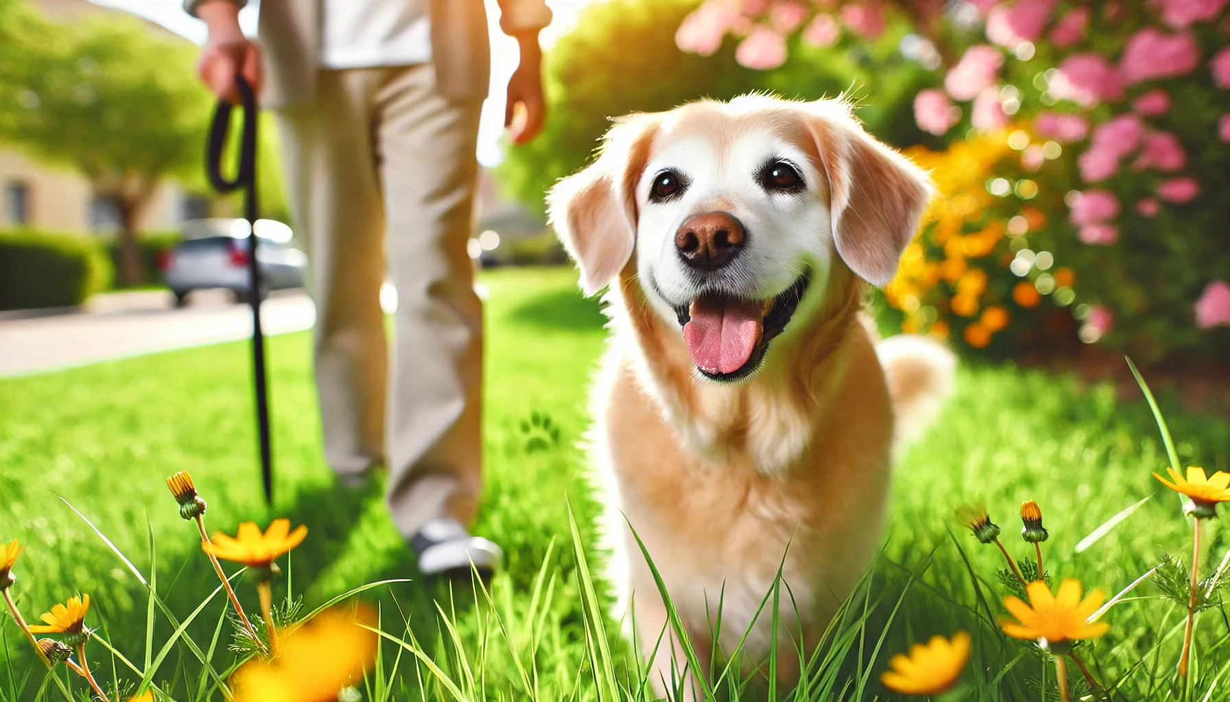 Happy senior dog walking in a park with its owner