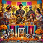 Mexican family creating a colorful Day of the Dead altar for their cat with marigolds, sugar skulls, candles, and photos.