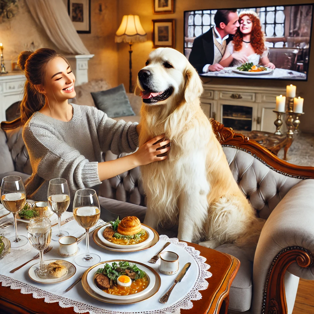 Pampered golden retriever enjoying a gourmet meal and massage with Lady and the Tramp on TV