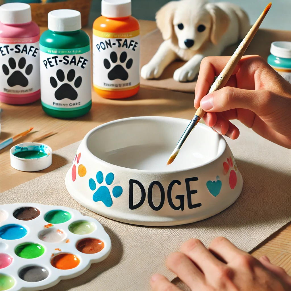 Personalized ceramic dog bowl being decorated with non-toxic paint.