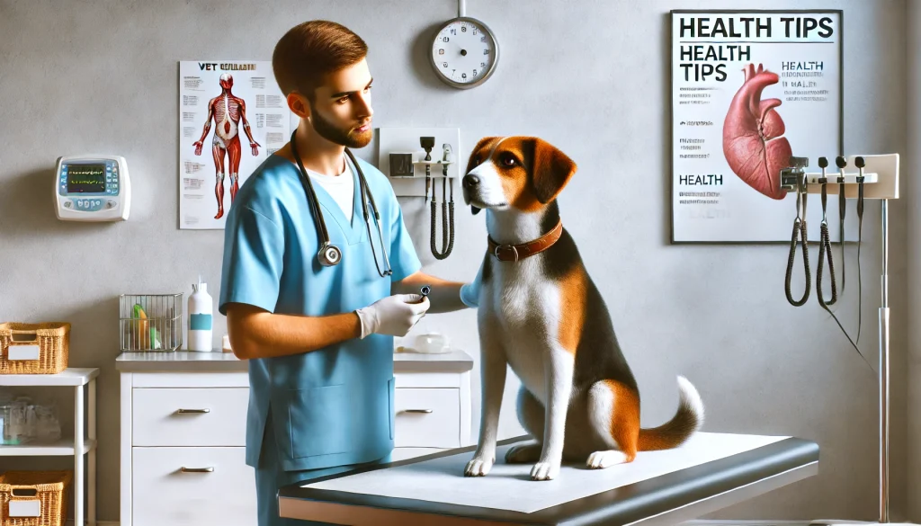 Pet owner and dog at a vet clinic for health check-up

