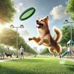 Playful dog catching a frisbee in a sunny park during a training session