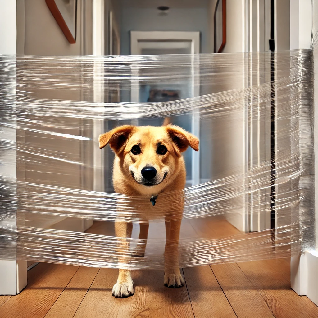 A playful dog encountering an invisible wall made of clear plastic wrap in a brightly lit hallway, looking puzzled and confused with a humorous expression.