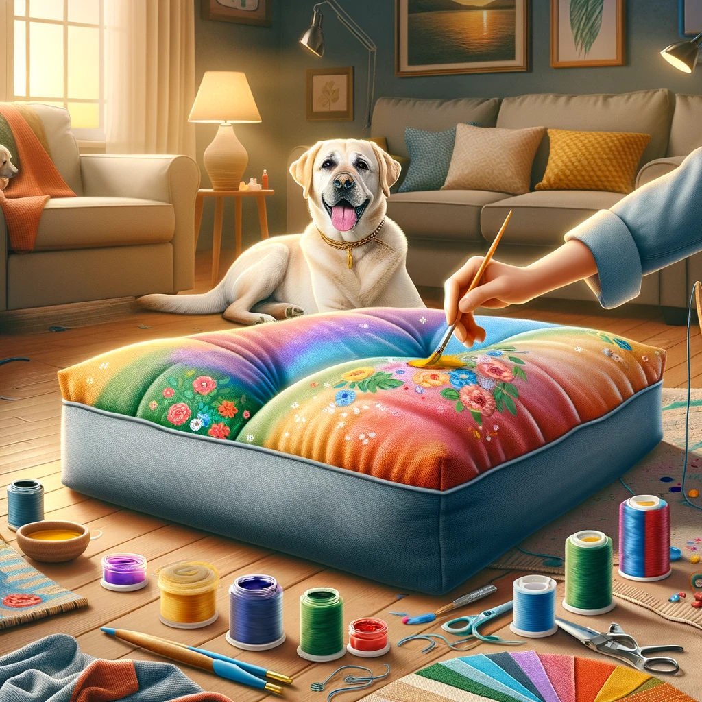 Realistic dog bed makeover with colorful fabric paint, dye, and new cover.