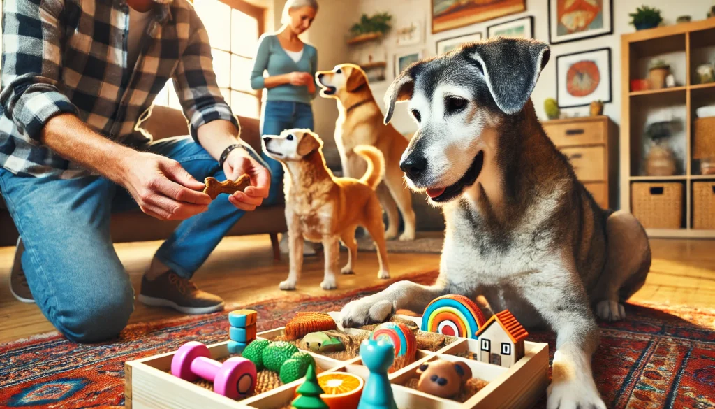 Senior dog engaging with puzzle toys and training with owner