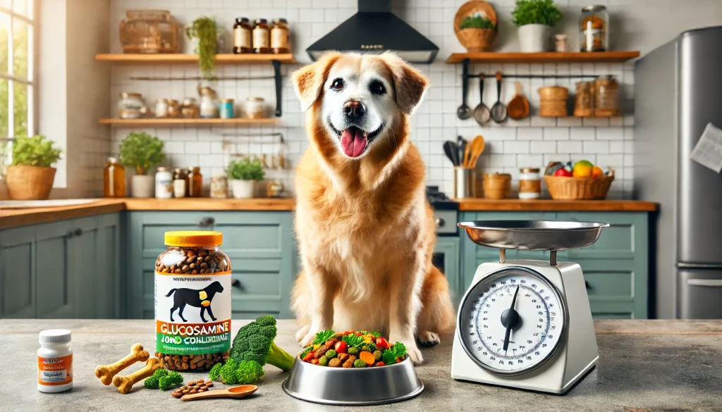 Senior dog sitting happily near a bowl of nutritious dog food