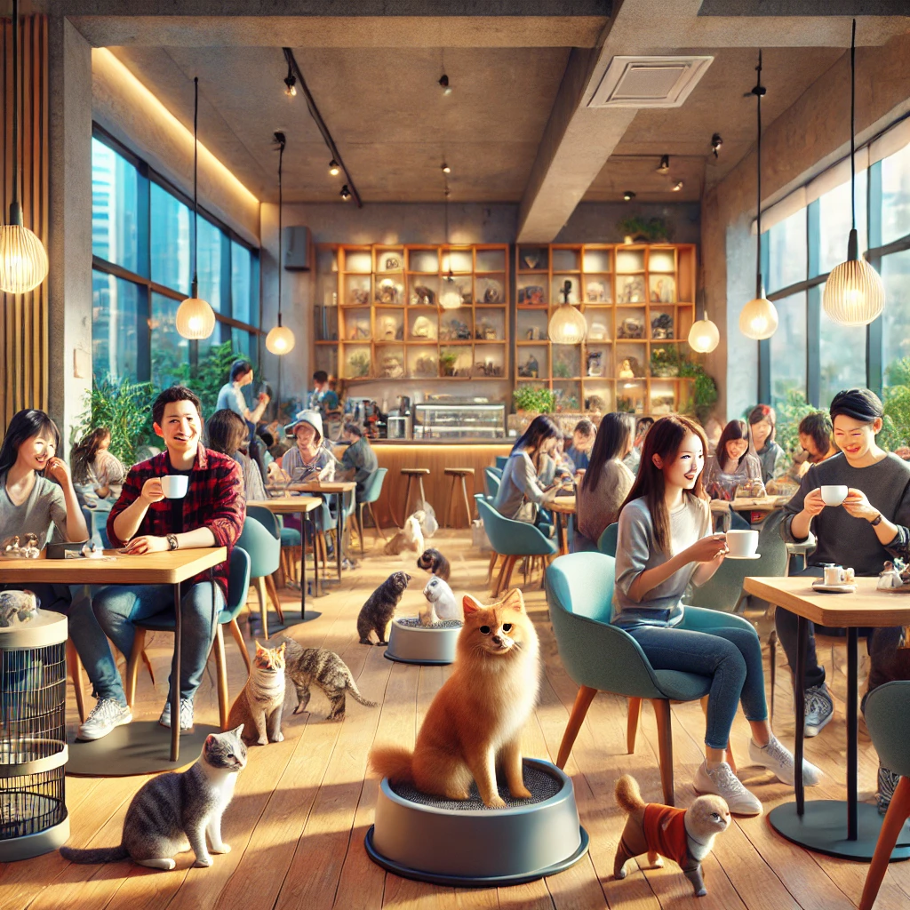 People enjoying coffee and interacting with cats and small dogs in a cozy South Korean pet café with warm, modern décor.