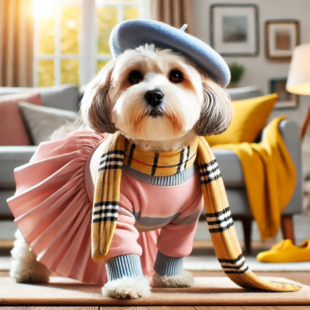 A stylish medium-sized fluffy dog wearing a cute costume and hat, participating in the Doggy Dress-Up Challenge in a cozy, brightly lit living room. The dog poses confidently, showcasing a fun and fashionable theme, emphasizing comfort and safety in the attire.