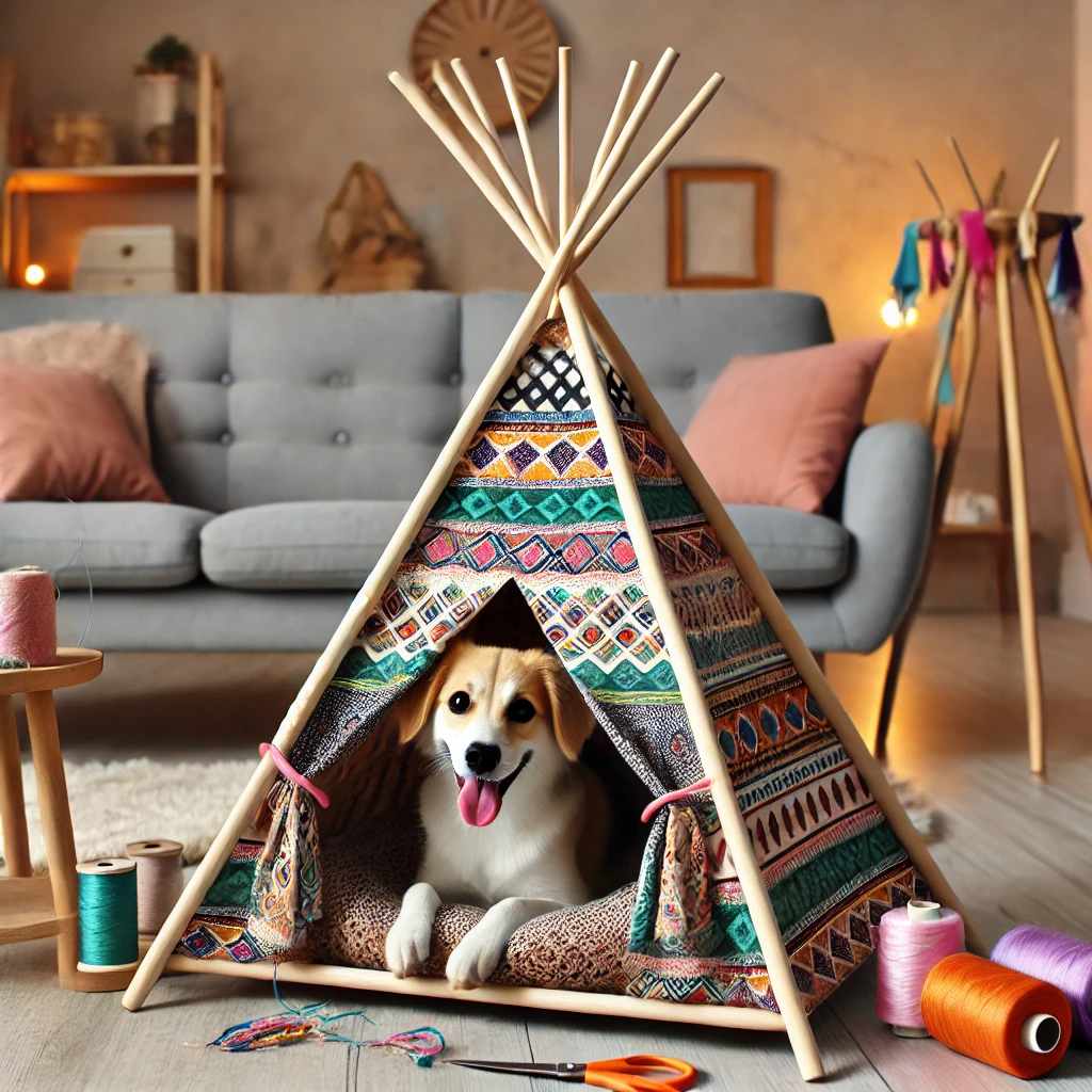 Stylish doggie teepee made from wooden dowels and colorful fabric in a cozy living room.